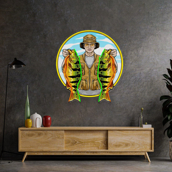 Fisherman Holding Peacock Bass LED Neon Sign Light Pop Art