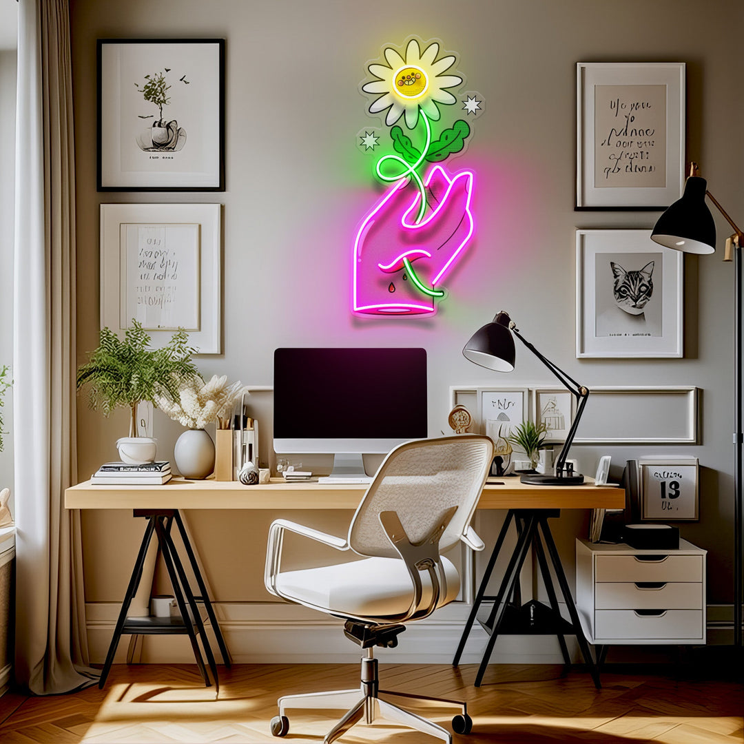 Hand Holding Flower LED Neon Sign Light Pop Art