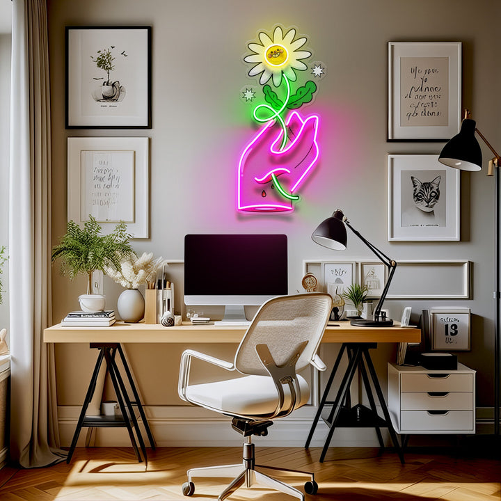 Hand Holding Flower LED Neon Sign Light Pop Art