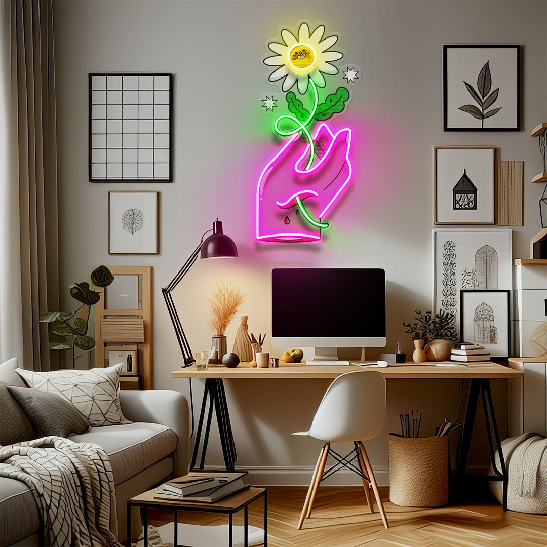 Hand Holding Flower LED Neon Sign Light Pop Art