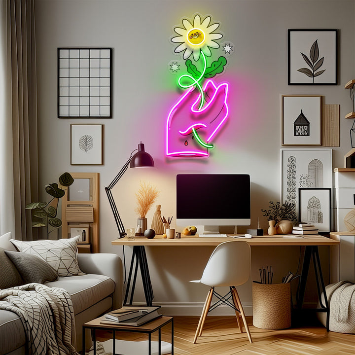 Hand Holding Flower LED Neon Sign Light Pop Art