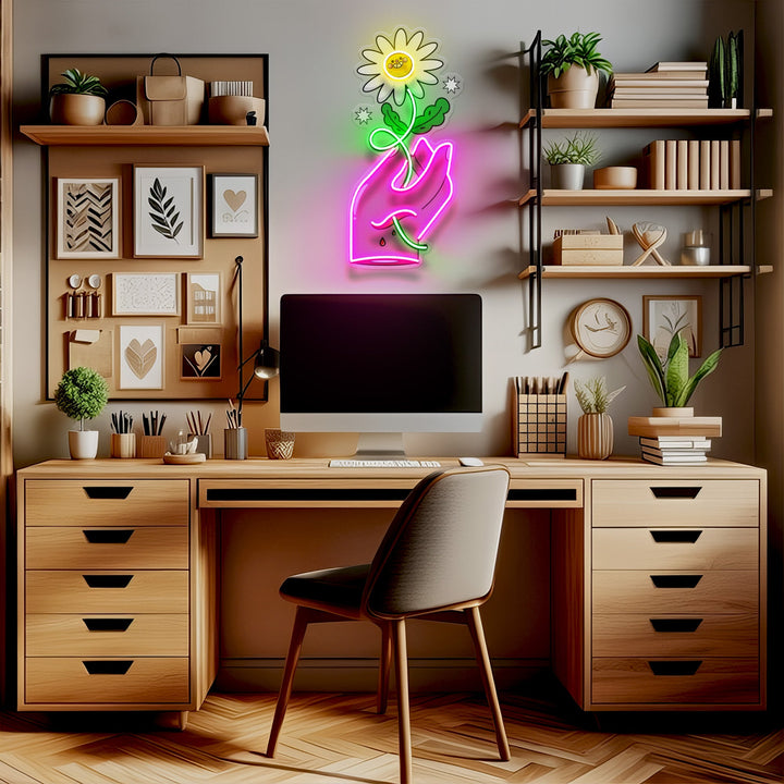 Hand Holding Flower LED Neon Sign Light Pop Art
