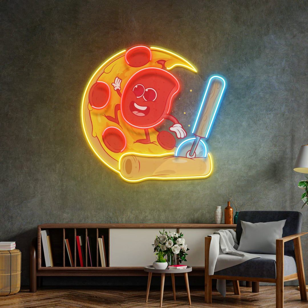 Salami Surfing a Pizza Wave LED Neon Sign Light Pop Art