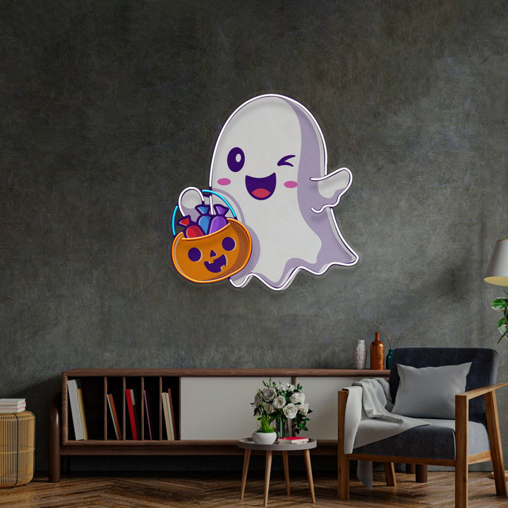 Cute Ghostface Giving Treats LED Neon Sign Light Pop Art