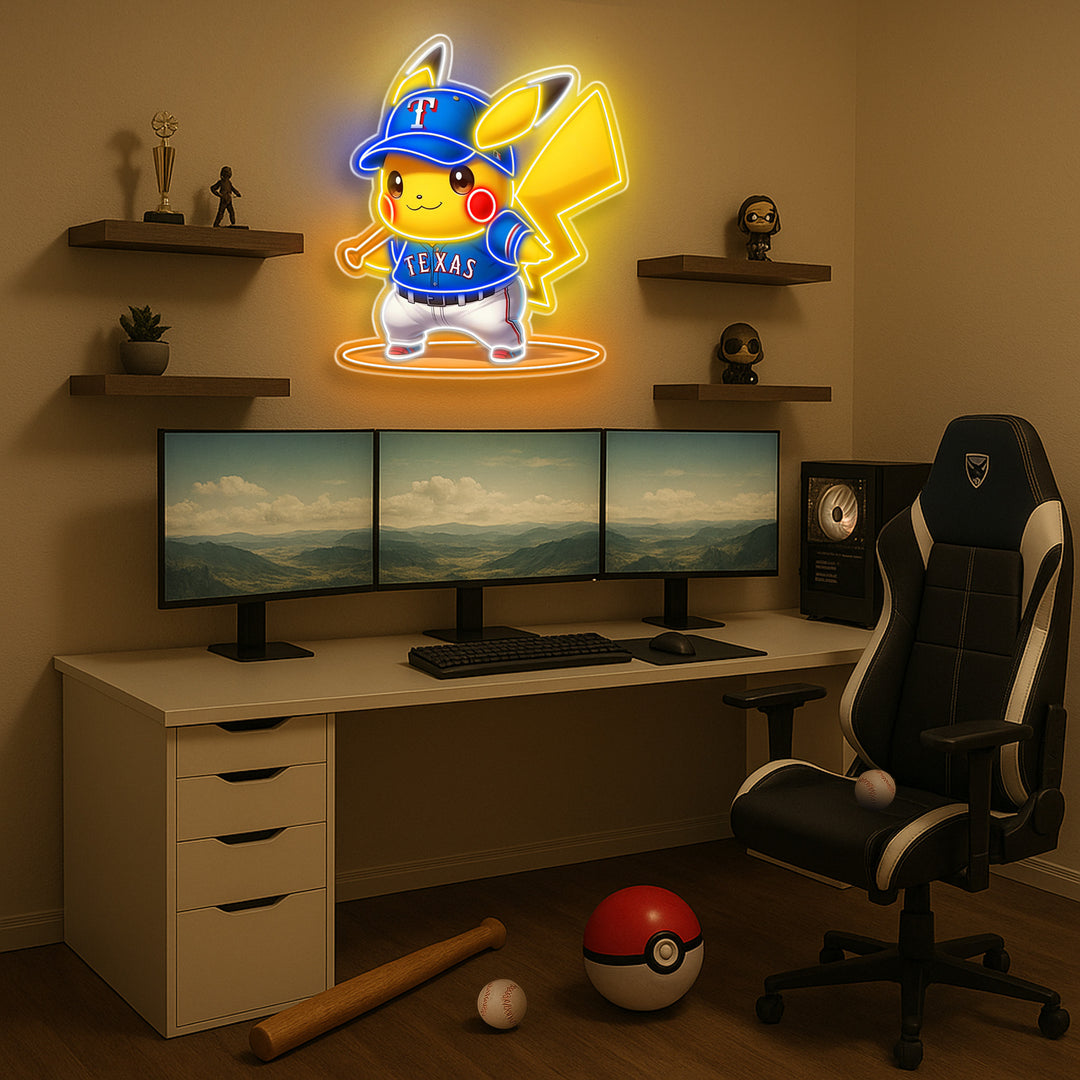 Texas Rangers Pikachu LED Neon Sign – Baseball Wall Art for Game Room, Bedroom, or Man Cave – Anime Sports Decor