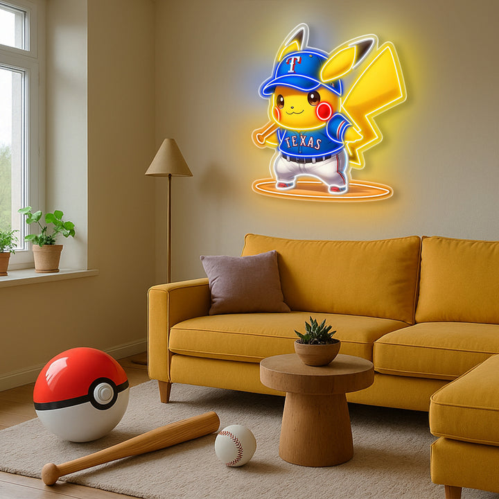 Texas Rangers Pikachu LED Neon Sign – Baseball Wall Art for Game Room, Bedroom, or Man Cave – Anime Sports Decor
