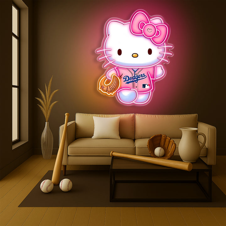 Hello Kitty Dodgers Neon Sign – Pink LED Baseball Wall Light for Girls, MLB & Sanrio Fans
