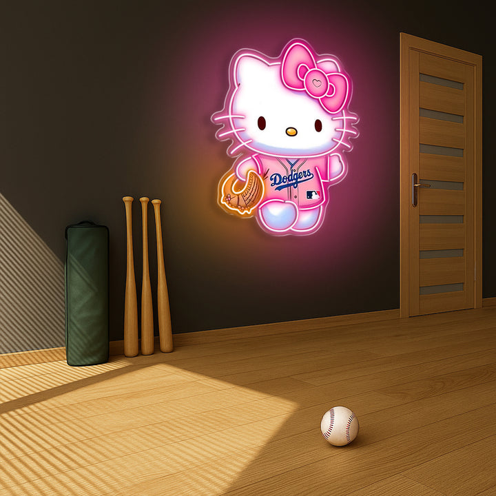 Hello Kitty Dodgers Neon Sign – Pink LED Baseball Wall Light for Girls, MLB & Sanrio Fans