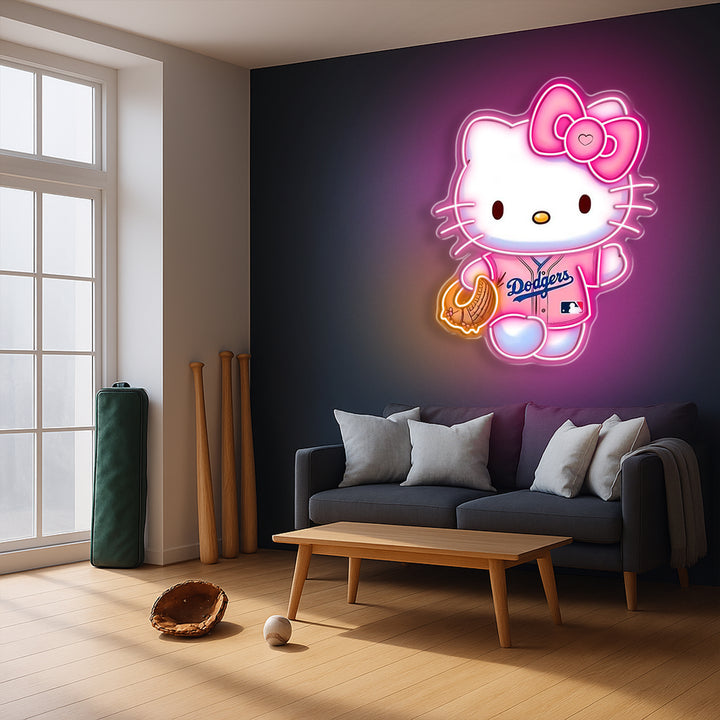 Hello Kitty Dodgers Neon Sign – Pink LED Baseball Wall Light for Girls, MLB & Sanrio Fans