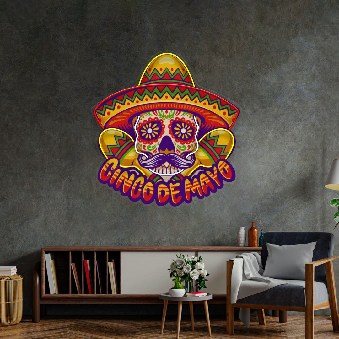 Cinco De Mayo Skull Mascot LED Neon Sign Light Pop Art