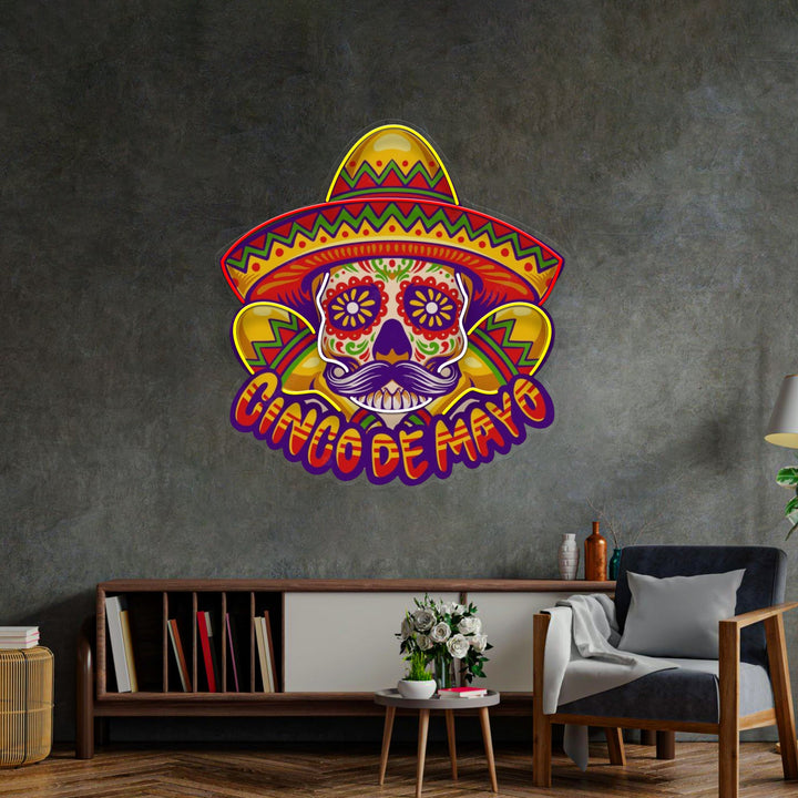 Cinco De Mayo Skull Mascot LED Neon Sign Light Pop Art