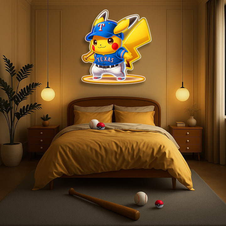 Texas Rangers Pikachu LED Neon Sign – Baseball Wall Art for Game Room, Bedroom, or Man Cave – Anime Sports Decor