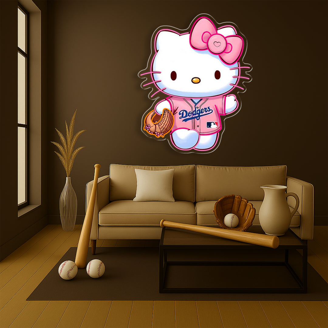 Hello Kitty Dodgers Neon Sign – Pink LED Baseball Wall Light for Girls, MLB & Sanrio Fans