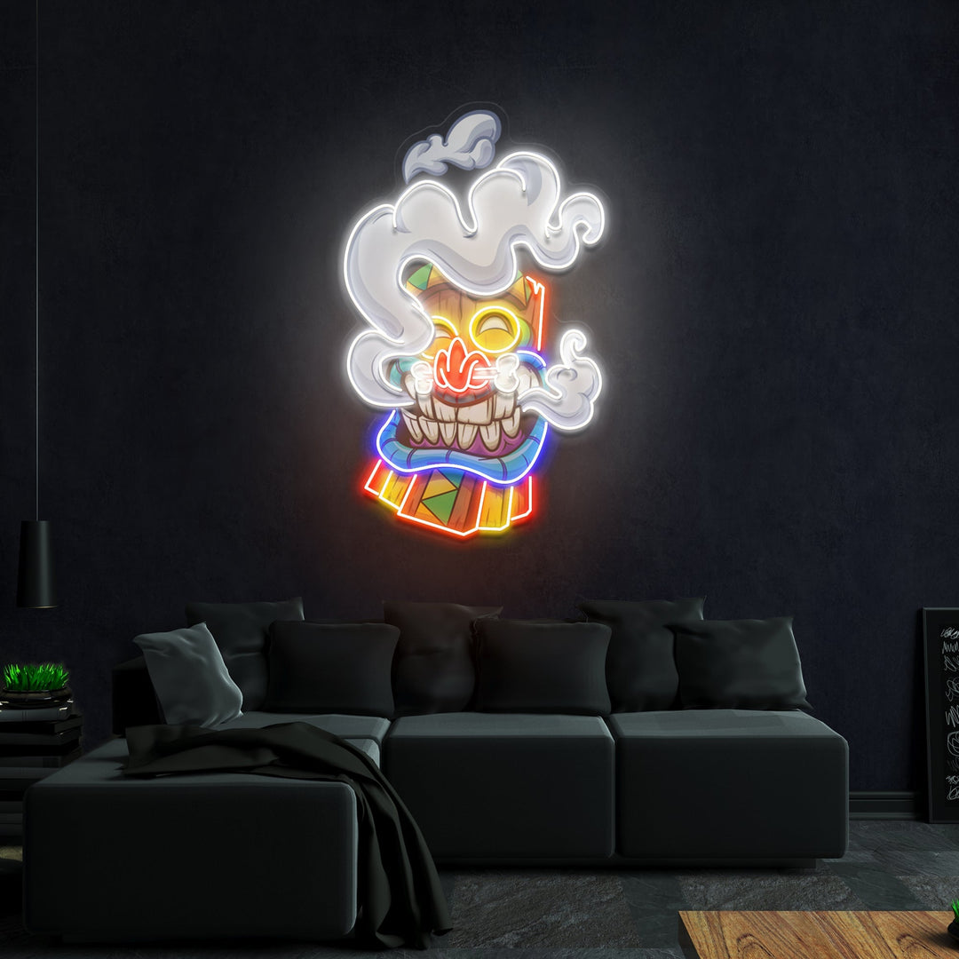 Cartoon Happy Smoking Tiki Mask Artwork Led Neon Sign Light