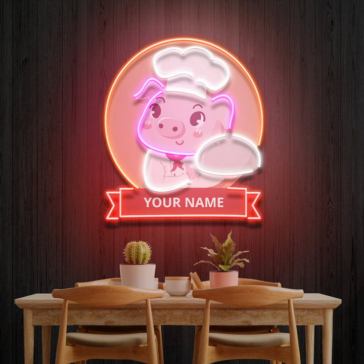 Custom Name Logo Cute And Friendly Pig Chef Holds Artwork Led Neon Sign Light