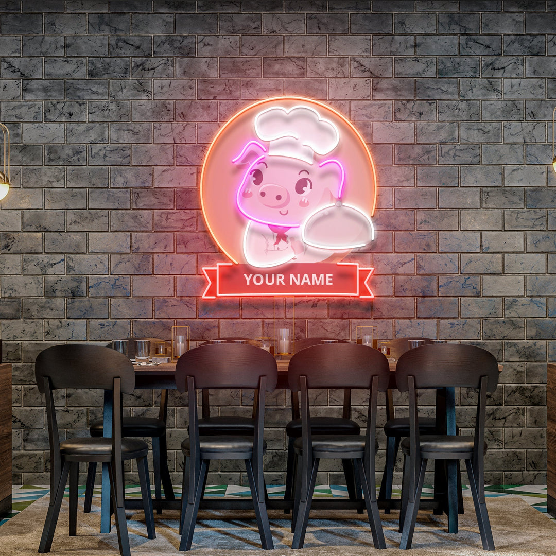 Custom Name Logo Cute And Friendly Pig Chef Holds Artwork Led Neon Sign Light