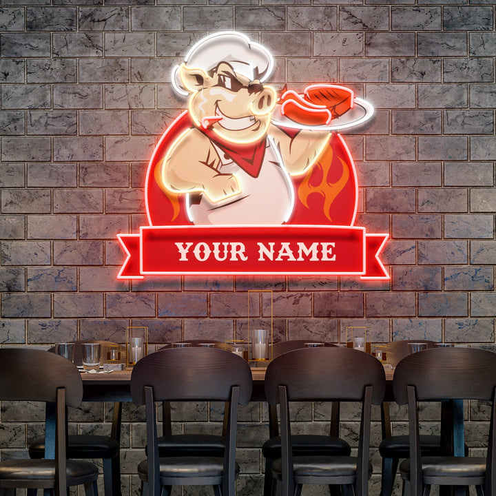 Custom Name Pig Chef BBQ Artwork Led Neon Sign Light