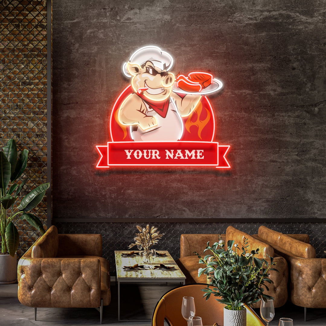 Custom Name Pig Chef BBQ Artwork Led Neon Sign Light