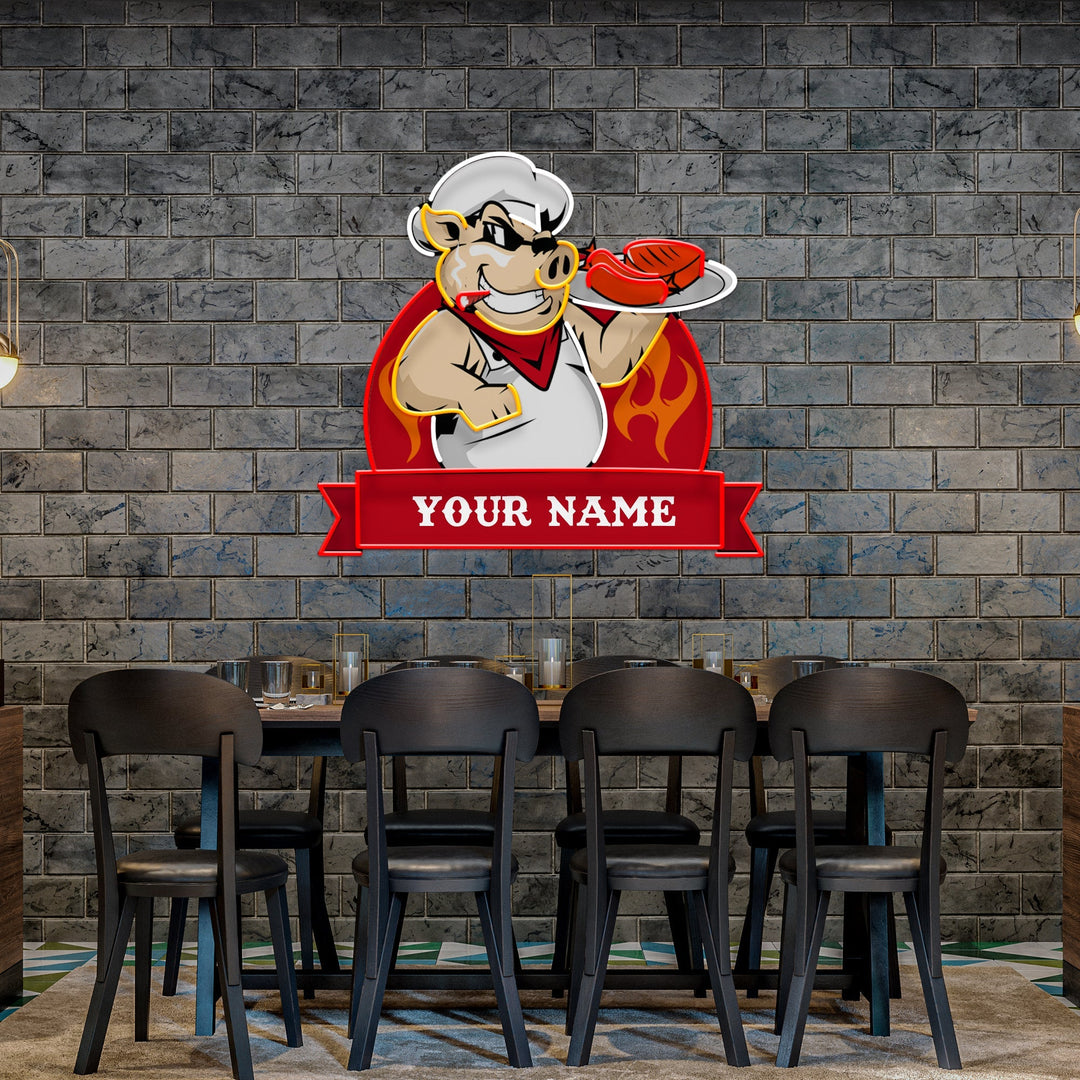 Custom Name Pig Chef BBQ Artwork Led Neon Sign Light