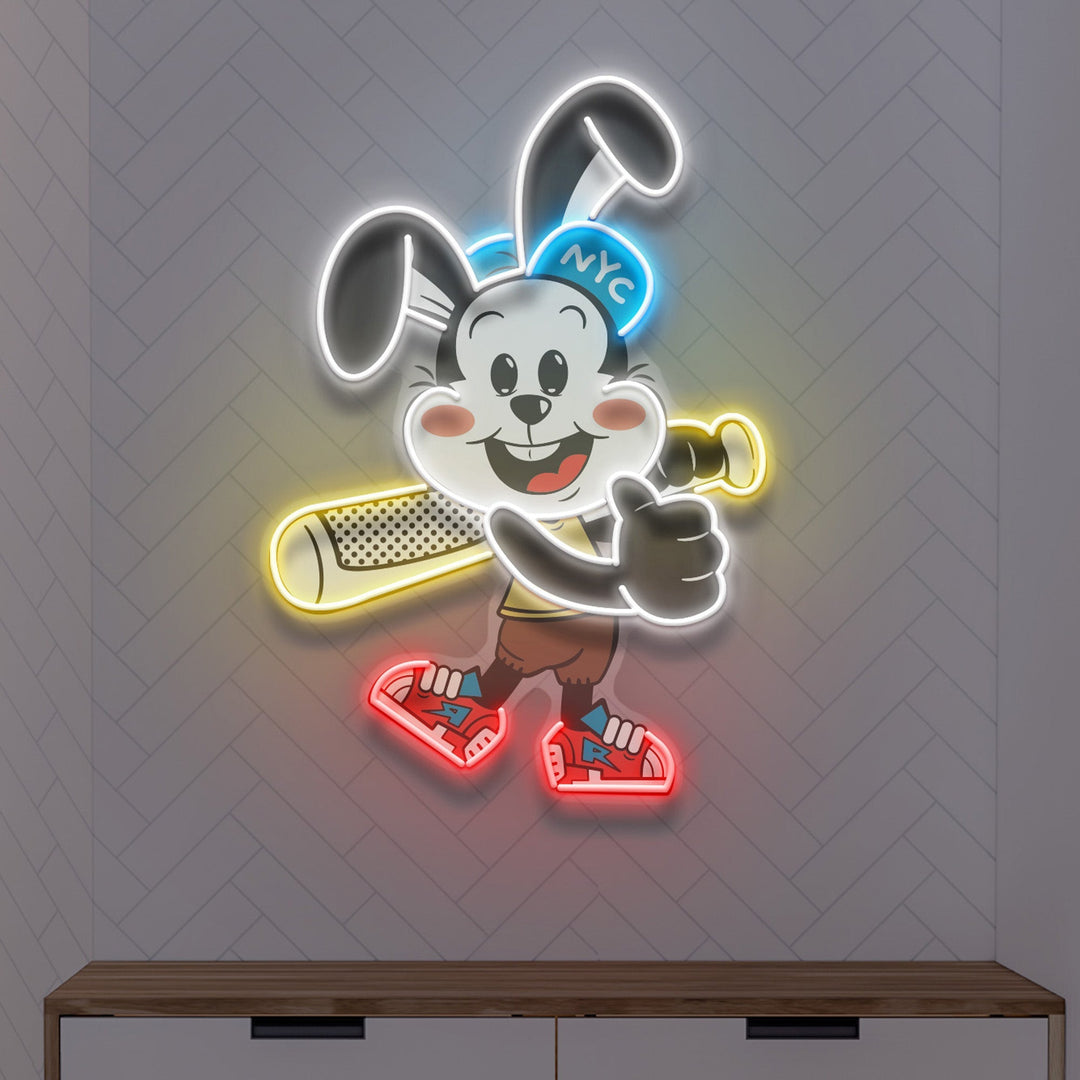 Custom Name Rabbit Playing Baseball Artwork Led Neon Sign Light