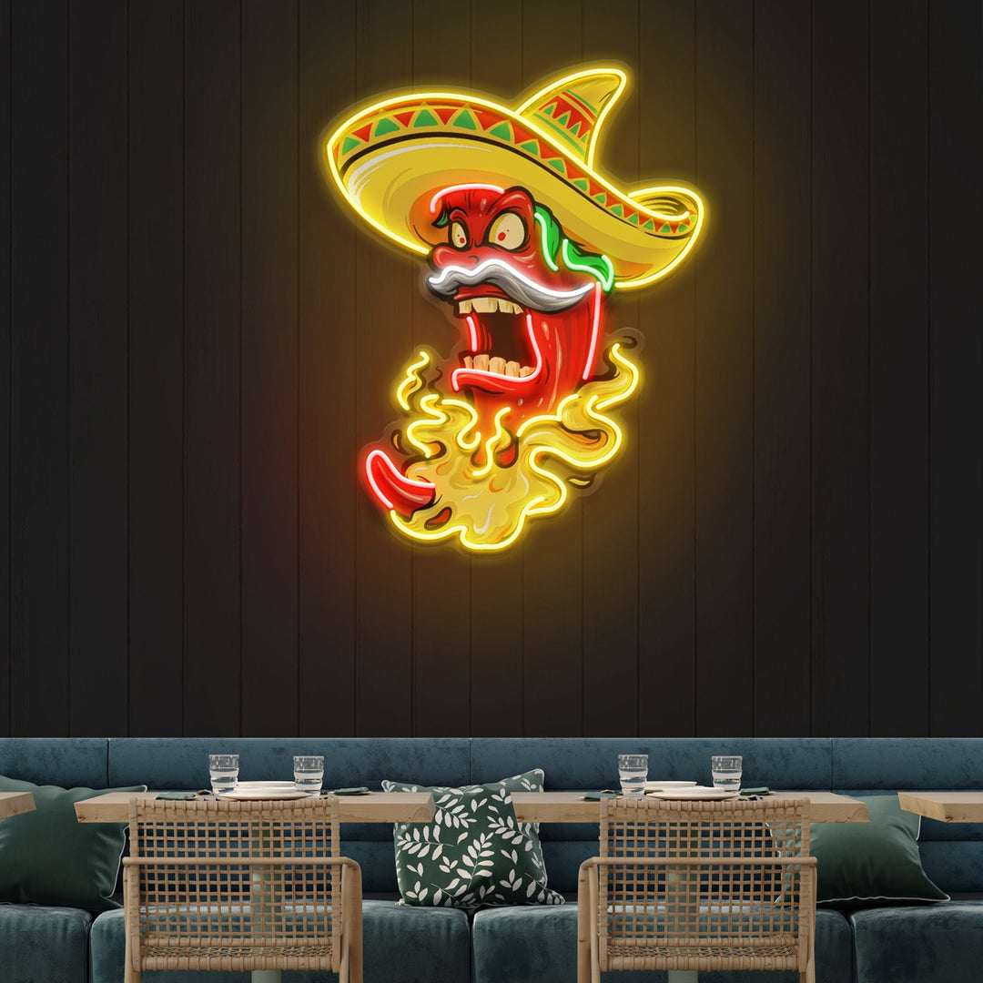 Custom Name Mexican Red Hot Chili Pepper With Hat Artwork Led Neon Sign Light